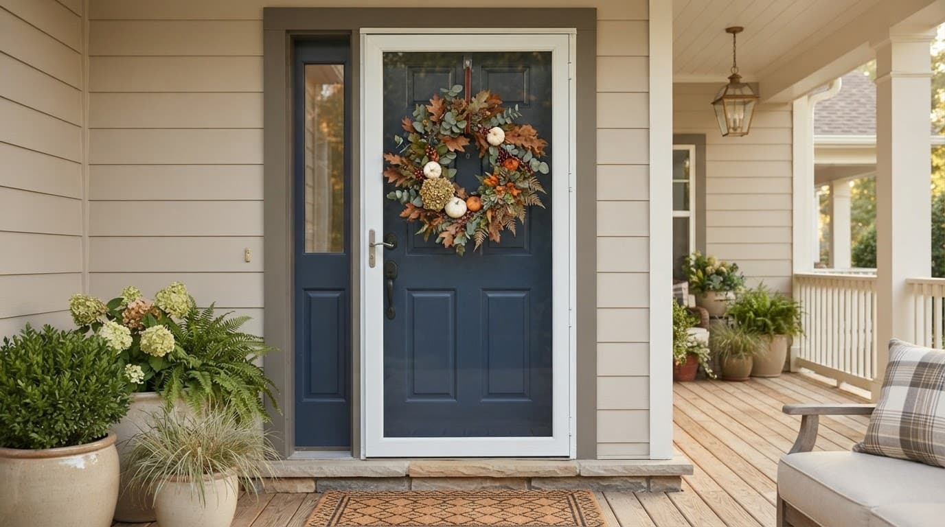 A seasonal wreath hangs securely on a glass entry door above the porch threshold.