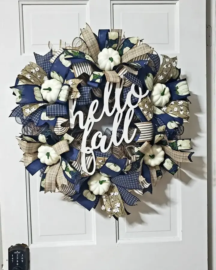 Navy Blue & White Pumpkin Fall Wreath - Farmhouse Hello Fall Decor, handcrafted wreath by Russell Wreaths